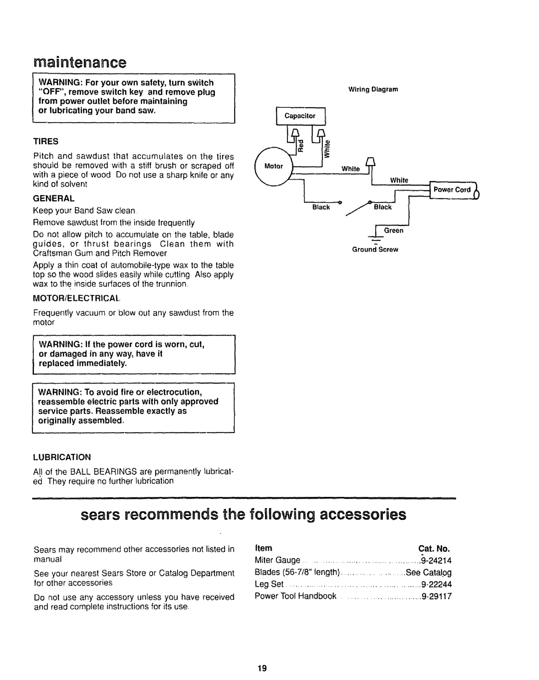 Sears 113.244501 manual Maintenance, Sears recommends the following accessories, Co,a ,lo,t 