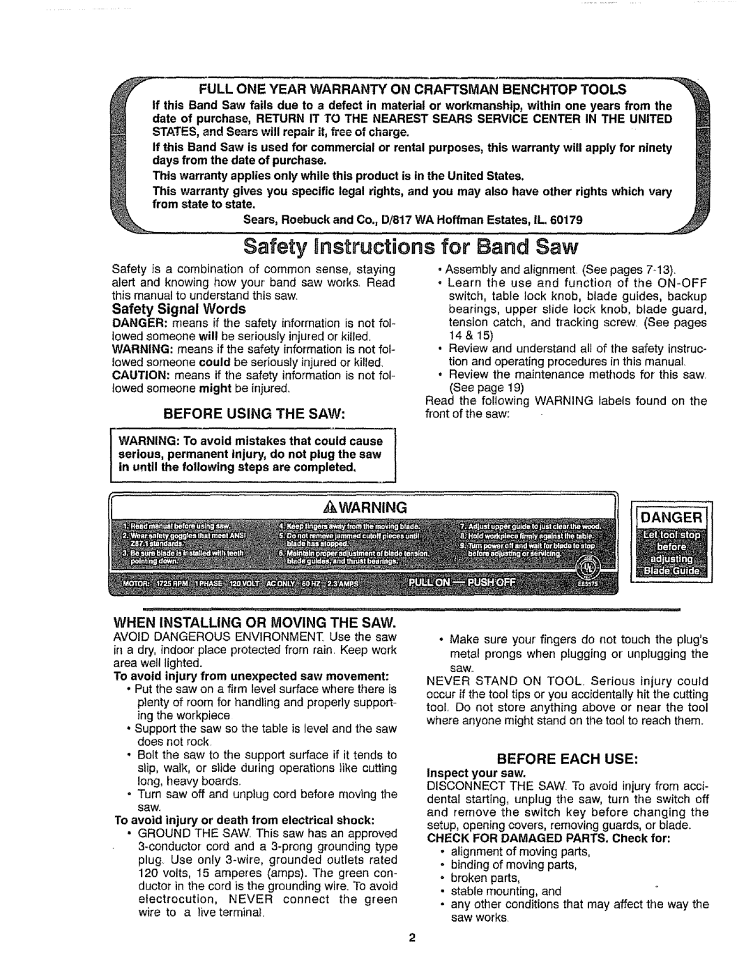 Sears 113.244501 manual Safety Instructions, For Band Saw, Before Using the SAW, When Installing or Moving the SAW 