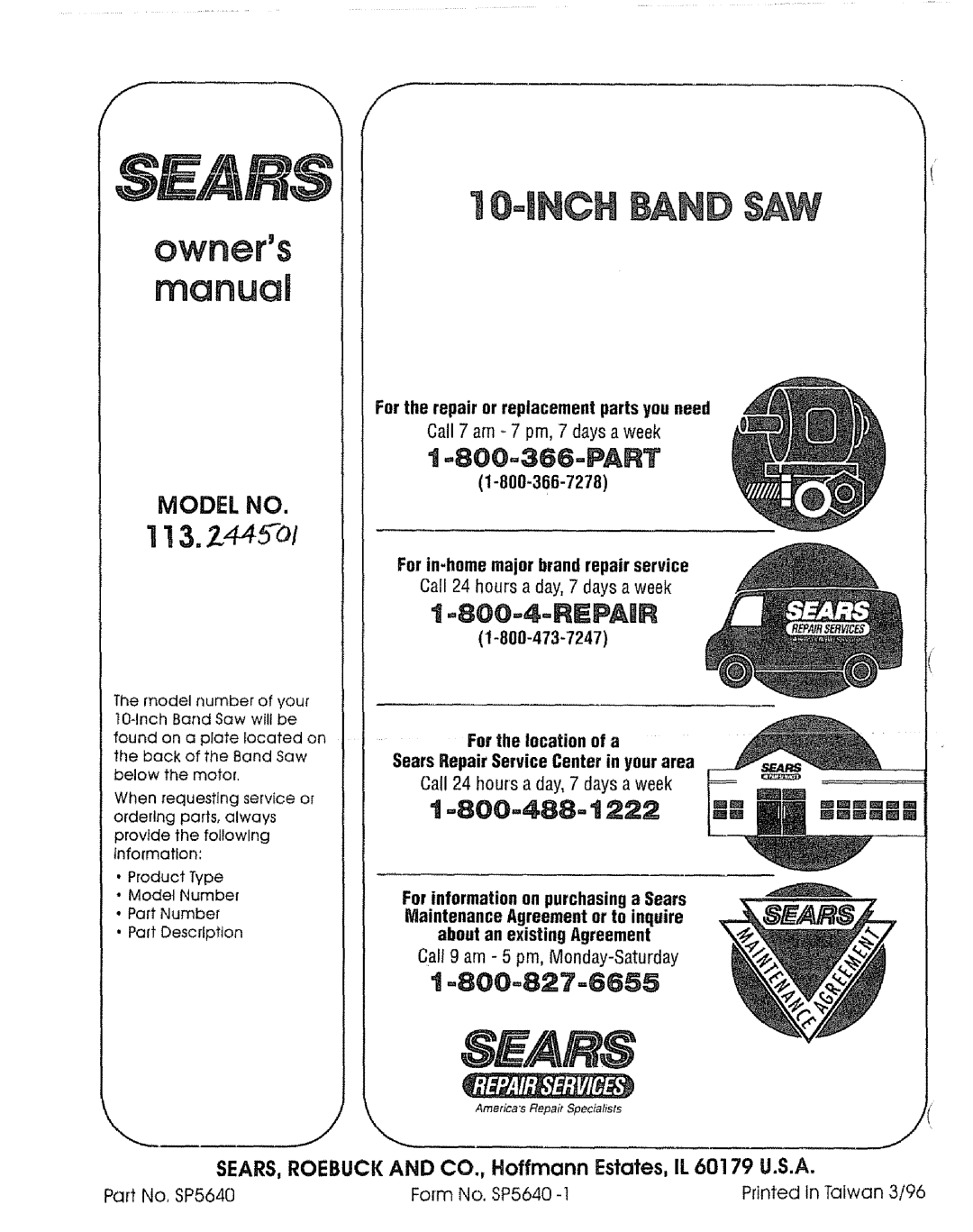 Sears 113.244501 manual =800=4=REPAIR, =800=827=6655, For the repair or replacement parts you need 