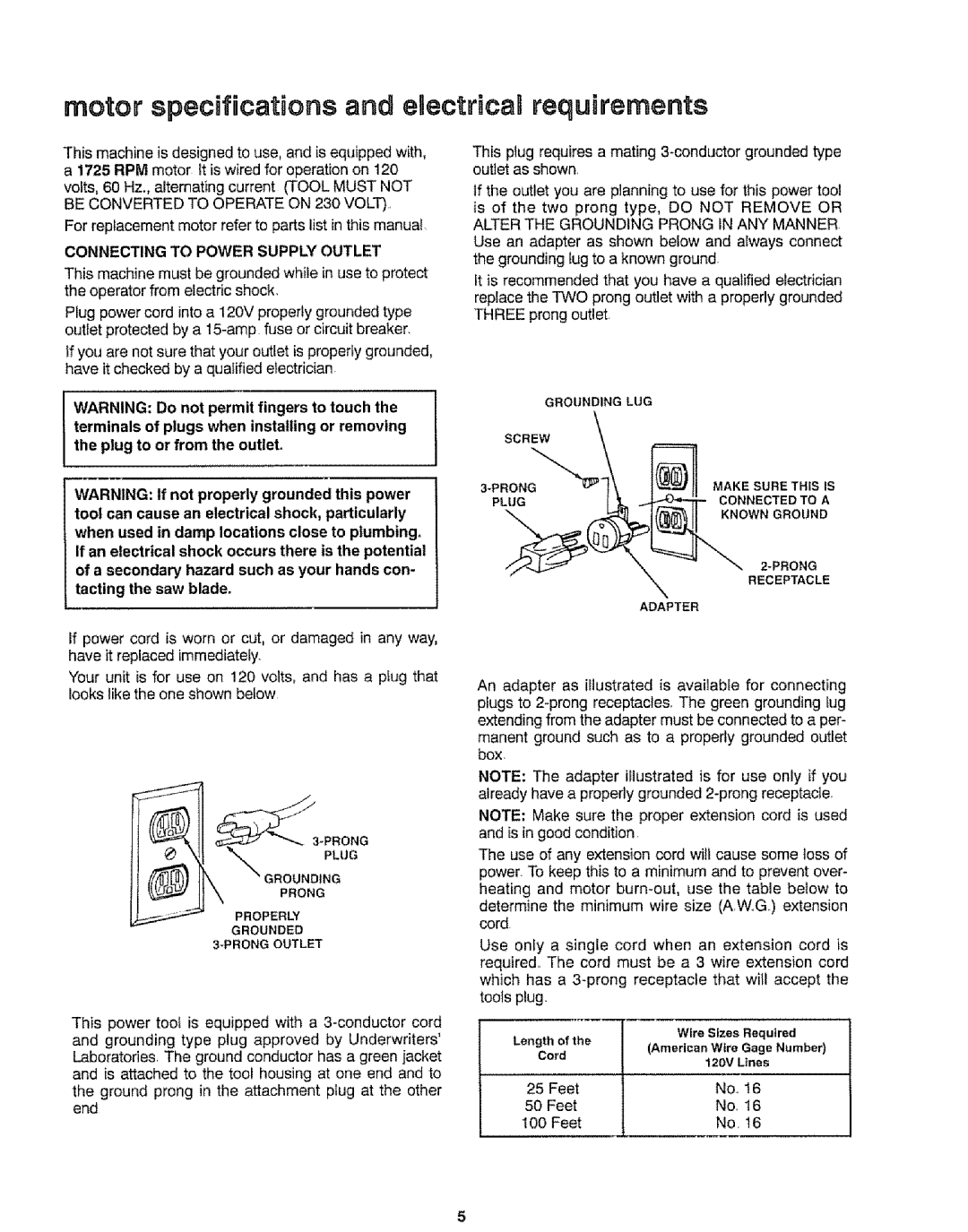 Sears 113.244501 manual Motor specifications and eRectrBcanrequBrements, Connecting to Power Supply Outlet, Feet No.. t6 