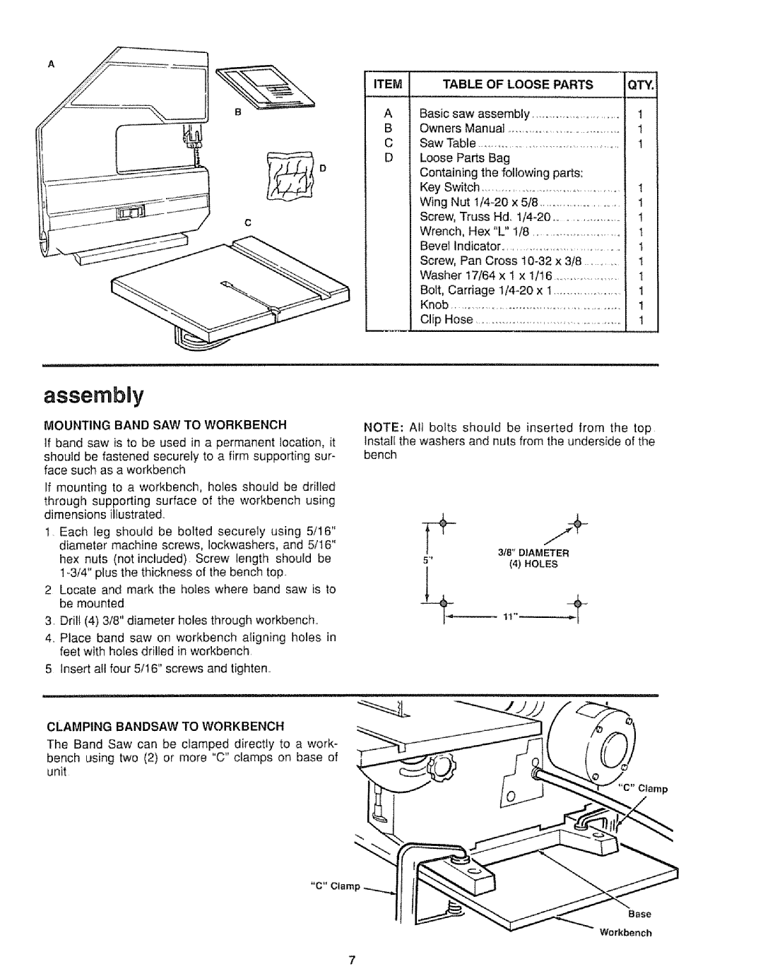 Sears 113.244501 manual AssernbBy, Mounting Band SAW to Workbench 