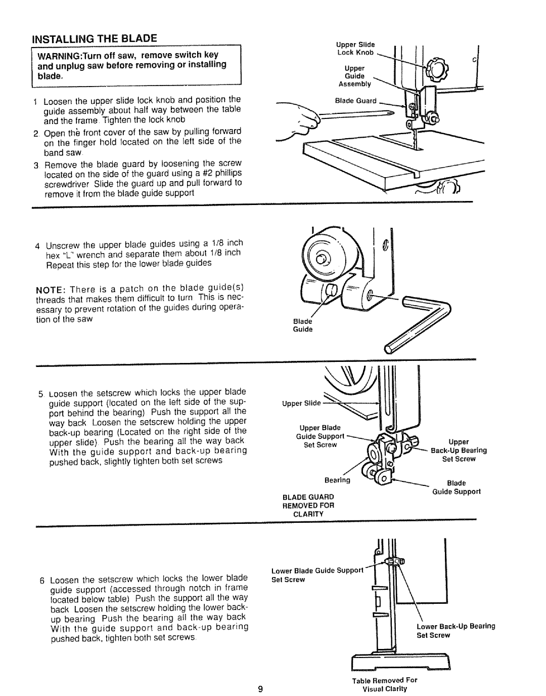 Sears 113.244501 manual Installing the Blade, LowerBack-UpBearing 