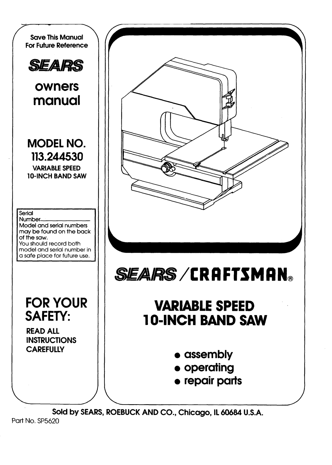 Sears 113.244530 owner manual 9ARS, Variable Speed 10-1NCH Band SAW 