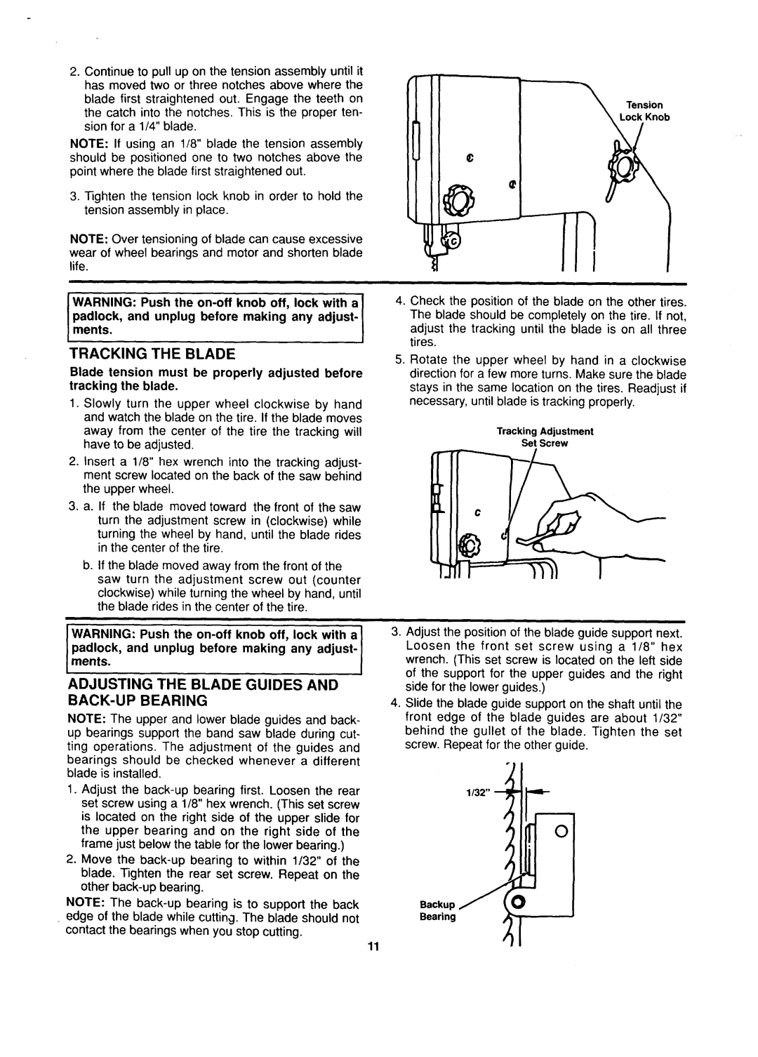 Sears 113.244530 owner manual Tracking the Blade, Adjusting the Blade Guides and BACK-UP Bearing 