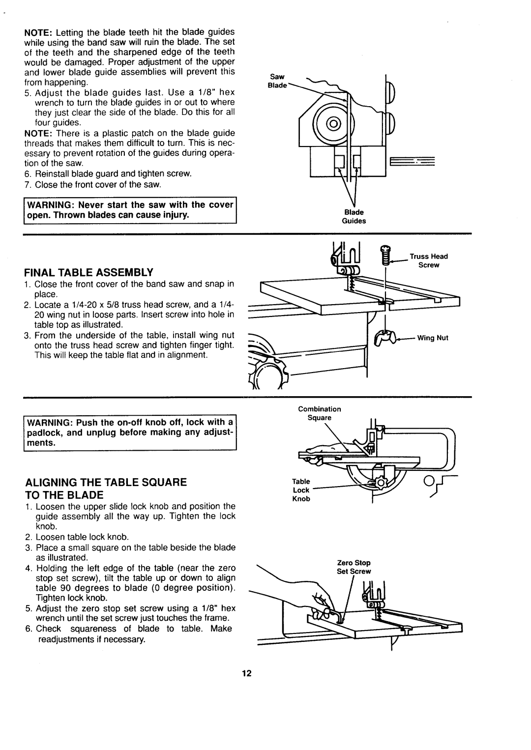 Sears 113.244530 owner manual Final Table Assembly, Aligning the Table Square To the Blade, Cover l 