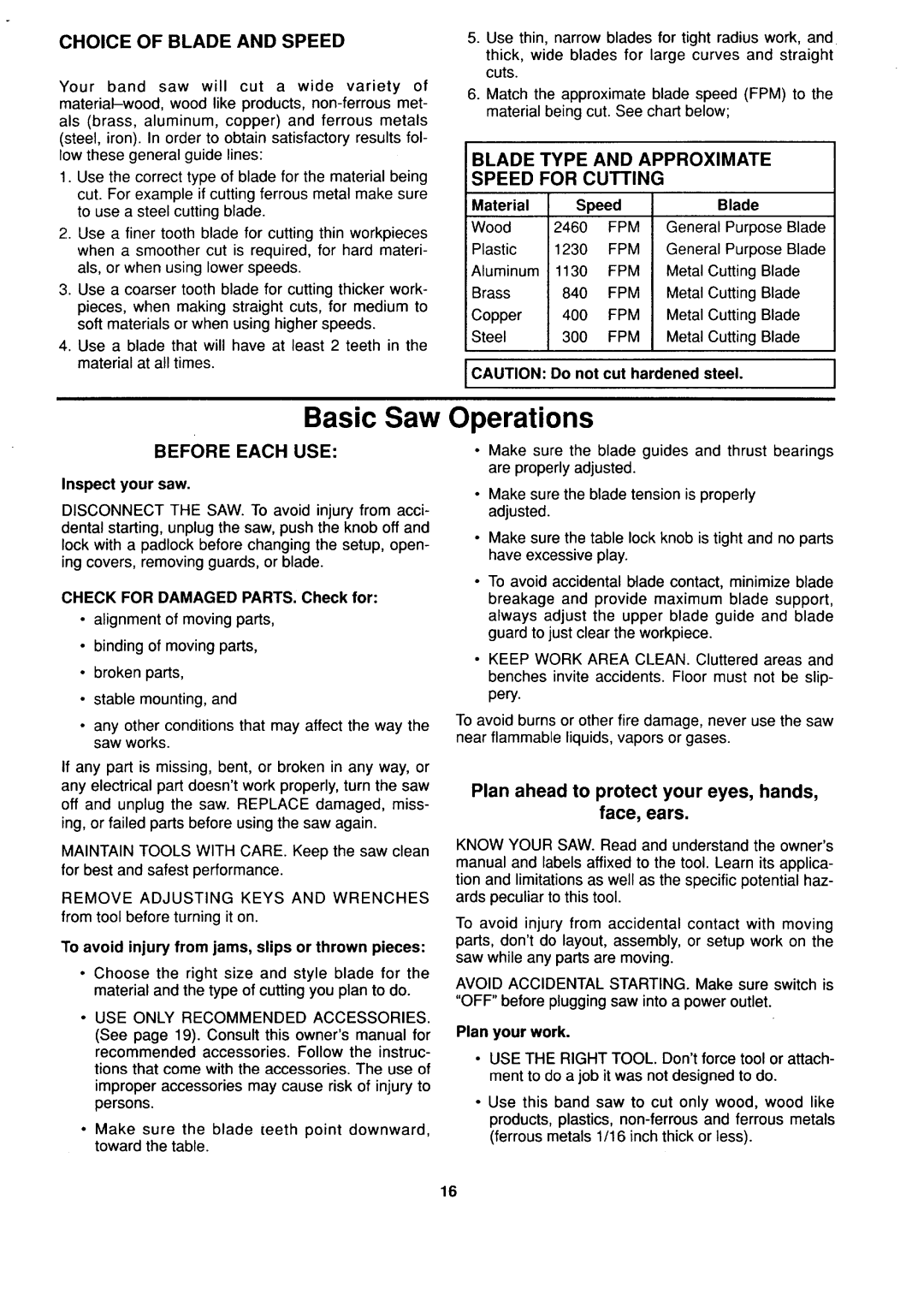 Sears 113.244530 owner manual Basic Saw Operations, Choice of Blade and Speed, Blade Type and Approximate Speed for Cutting 