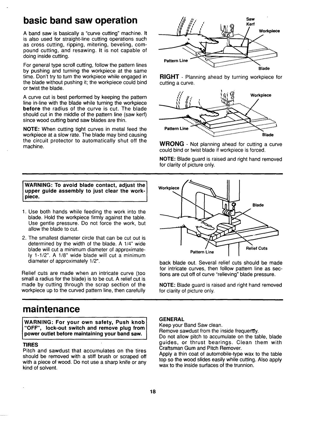 Sears 113.244530 owner manual Basic band saw operation, Maintenance, Tires, General 