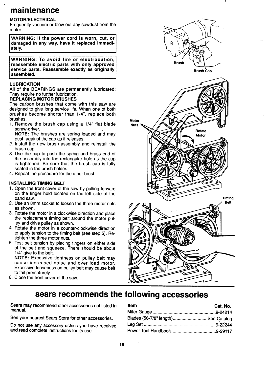 Sears 113.244530 owner manual Maintenance, Sears recommends the following accessories 