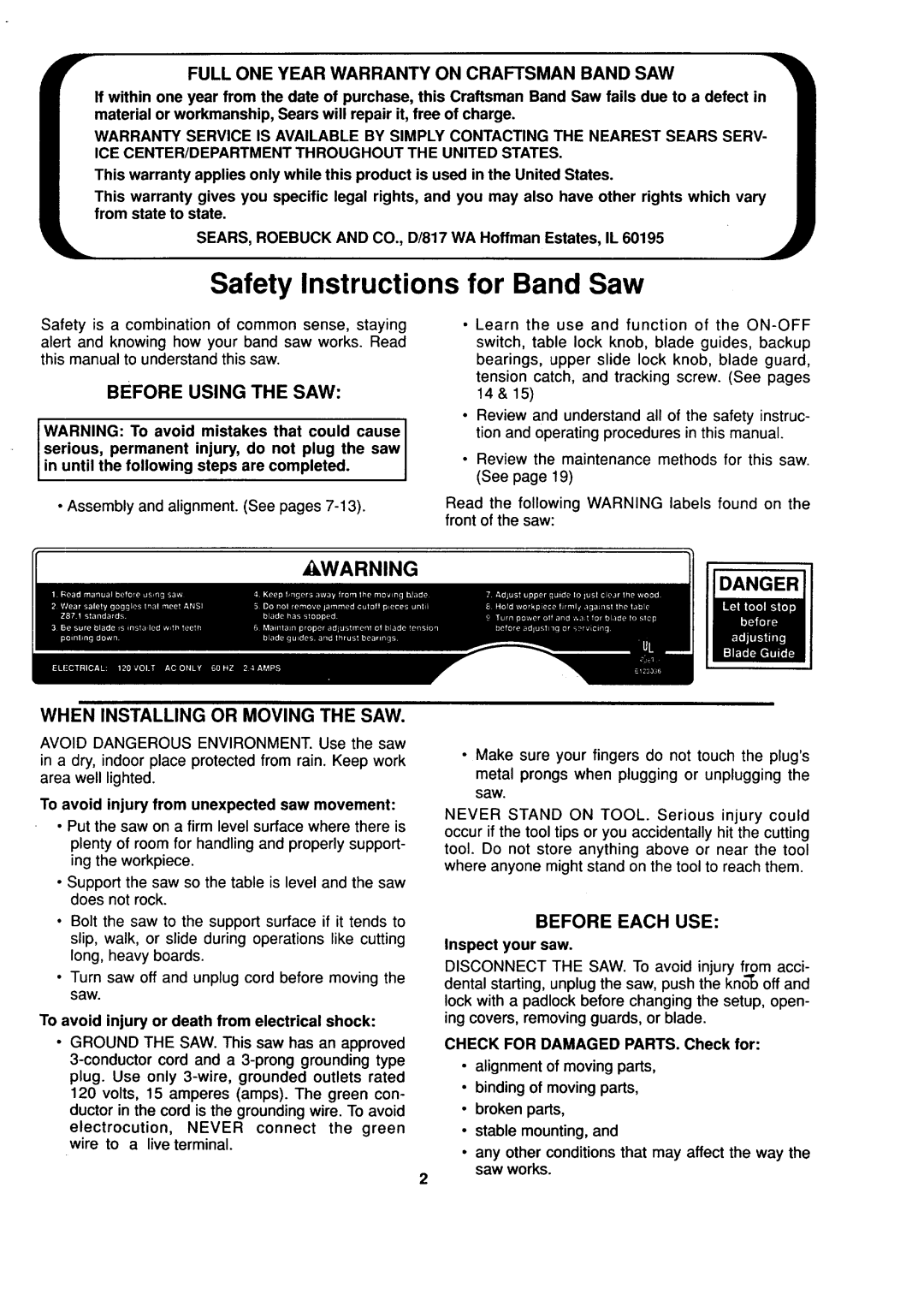 Sears 113.244530 Safety Instructions for Band Saw, Full ONE Year Warranty on Craftsman Band SAW, Before Using the SAW 