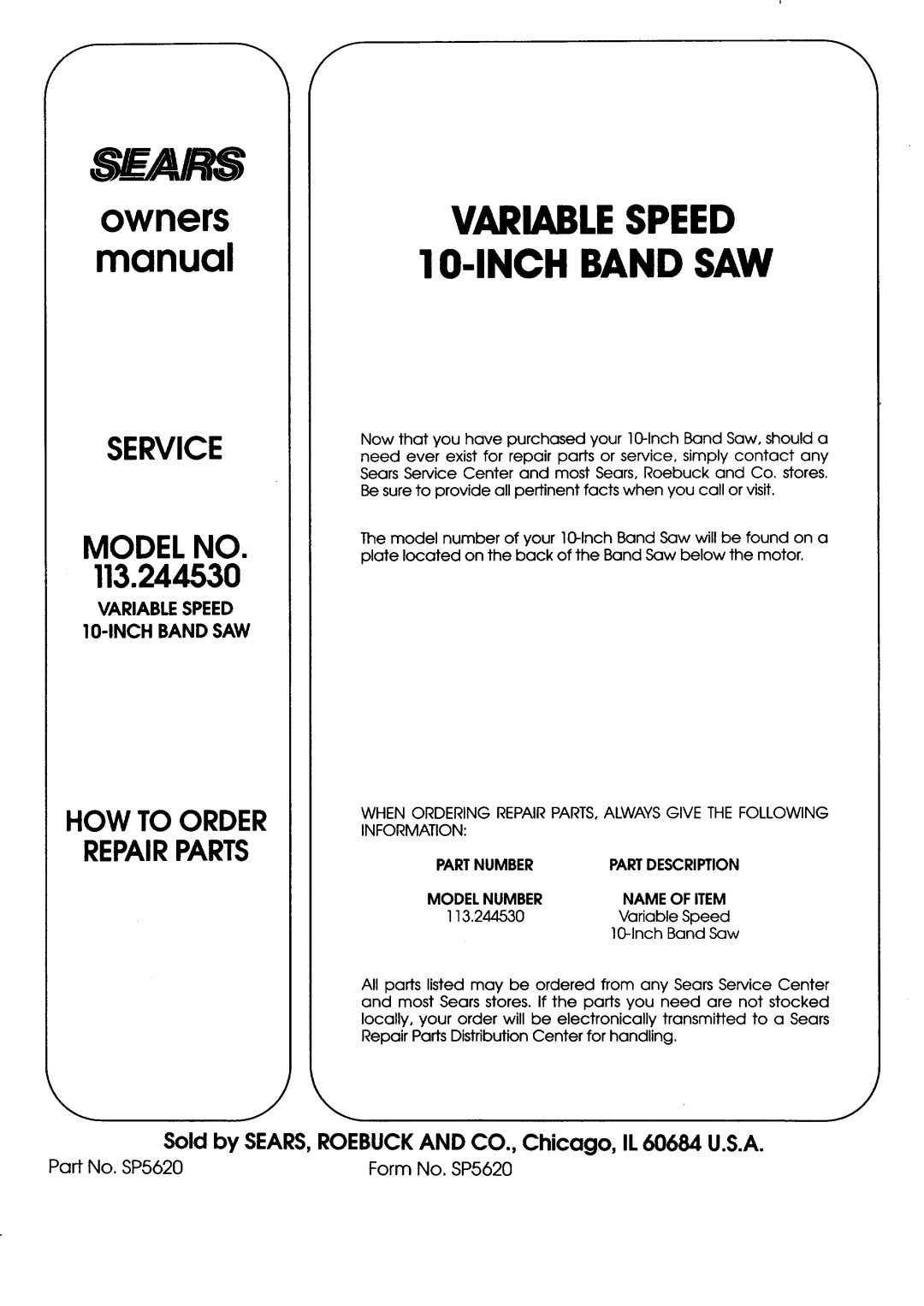 Sears 113.244530 owner manual Partnumber Partdescription Model Number Name of Item, Variable Speed, Inch Band Saw 