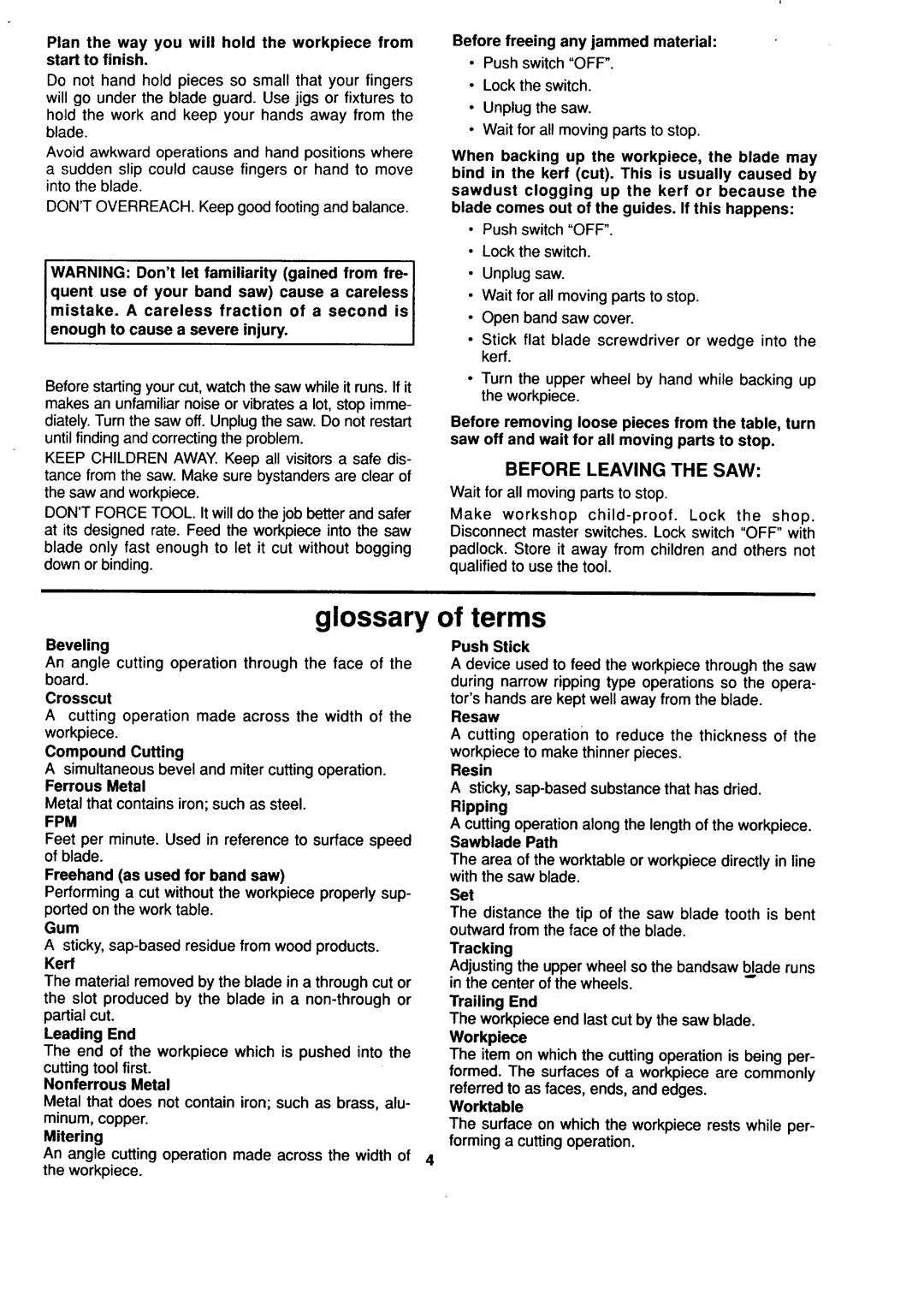 Sears 113.244530 owner manual Glossary of terms, Before Leaving the SAW, Lock the switch Unplug the saw, Fpm, Gum 