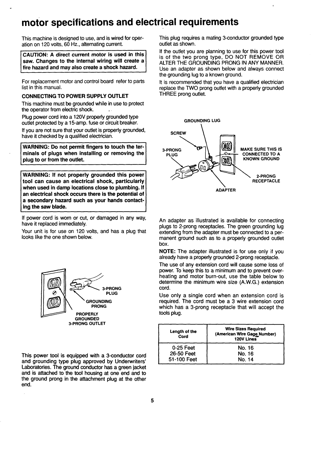 Sears 113.244530 Motor specifications and electrical requirements, Fire hazard and may also create a shock hazard, Feet 