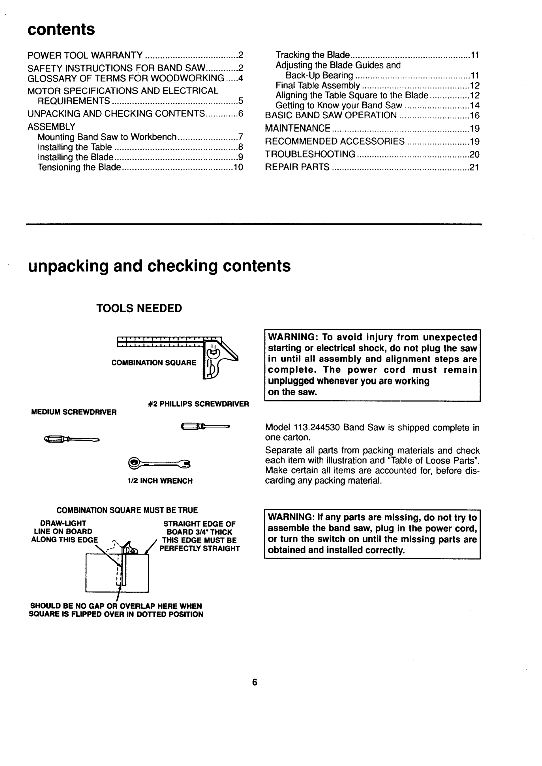 Sears 113.244530 owner manual Unpacking and checking contents 