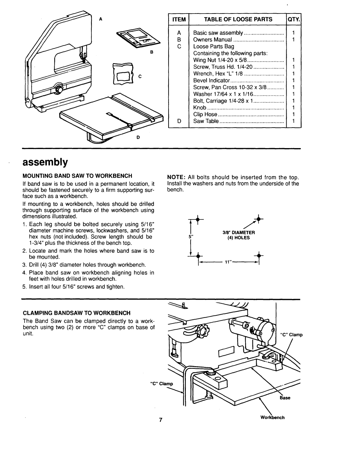 Sears 113.244530 Assembly, Table of Loose Parts QTY, Mounting Band SAW to Workbench, Clamping Bandsaw to Workbench 