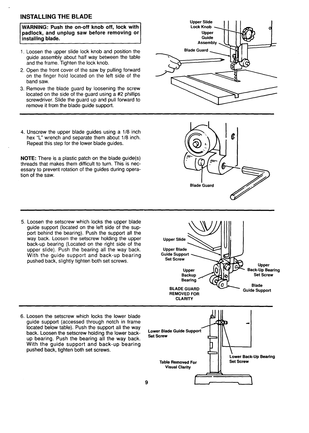 Sears 113.244530 owner manual Installing the Blade, Installing blade 