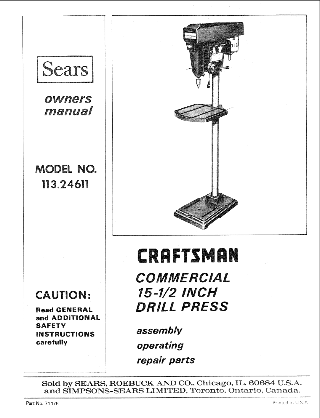 Sears 113.24611 manual Sears 