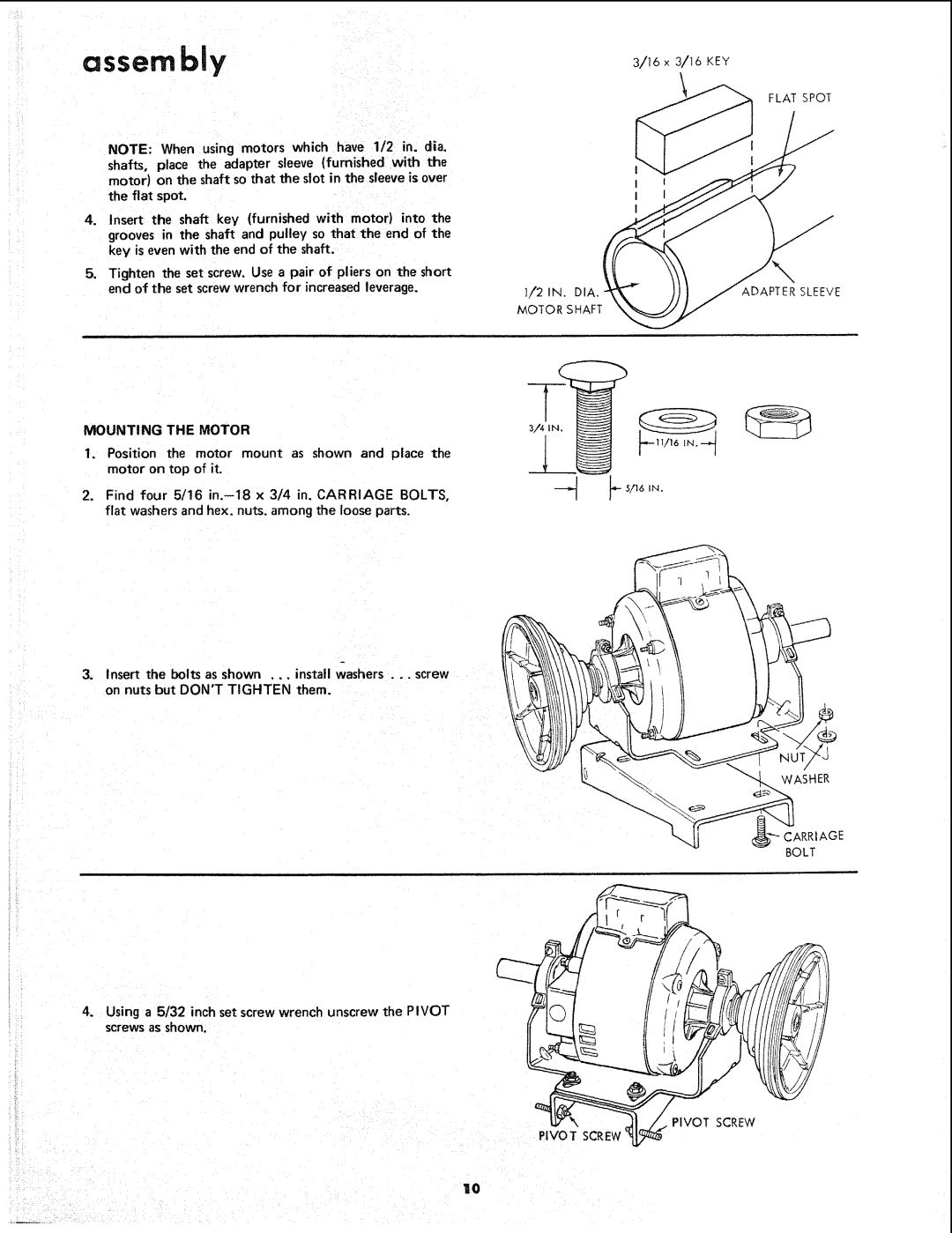 Sears 113.24611 manual Mounting the Motor, Bolt, Flat Spot, Sleeve 