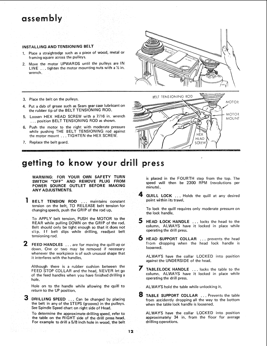 Sears 113.24611 Getting to know your driJJ press, INSTALLING and Tensioning Belt, Point within its travel, Motor Mount 