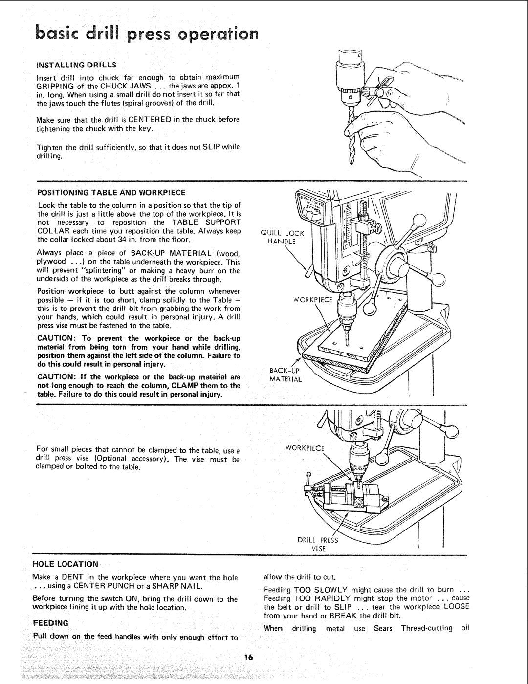 Sears 113.24611 Basic drill press operation, Hole Location, Feeding, Installing Drills, Positioning Table and Workpiece 