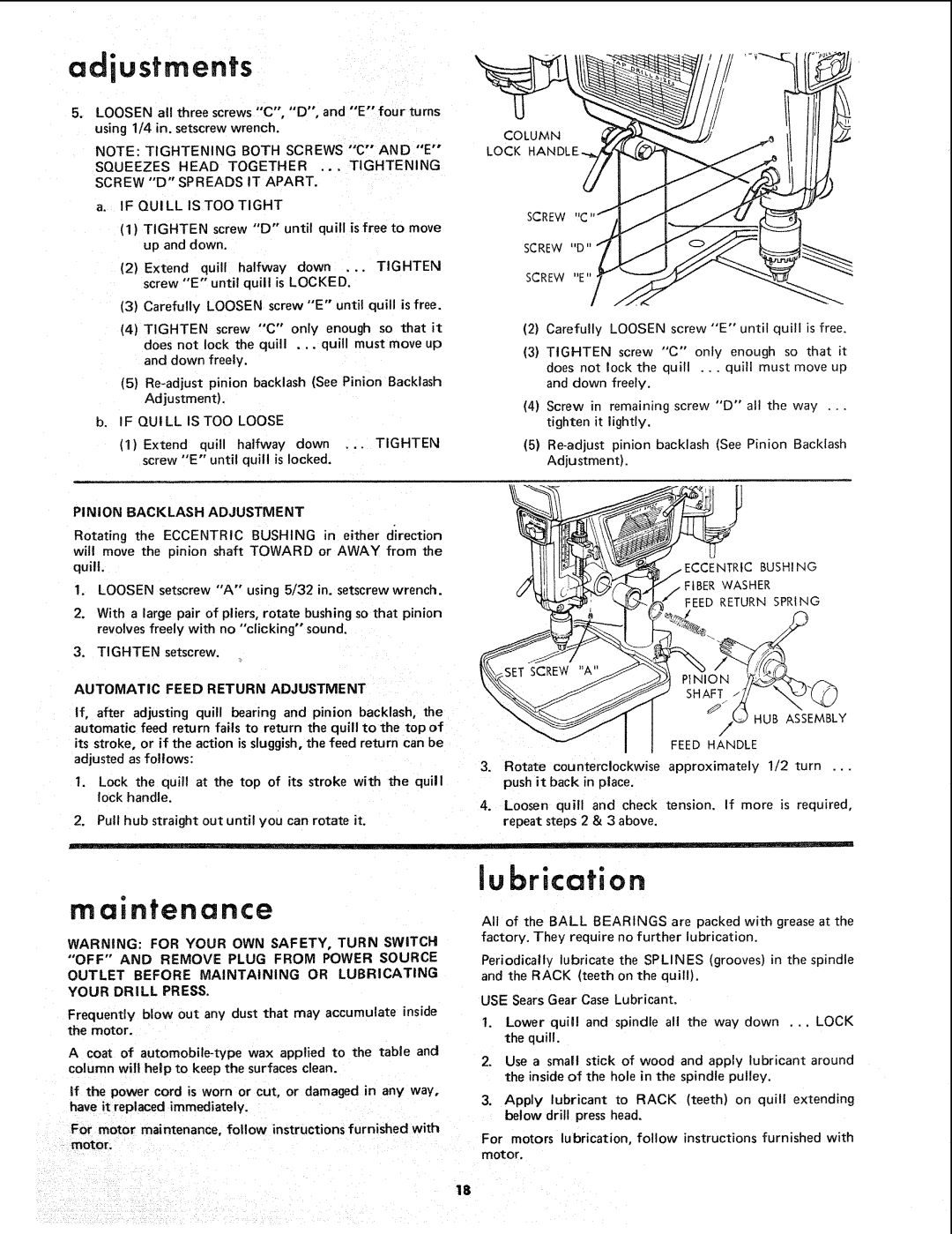 Sears 113.24611 manual Adiustments, Lubrication, Pinion Backlash Adjustment, Automatic Feed Return Adjustment 