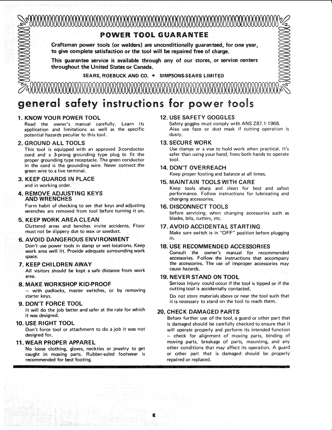 Sears 113.24611 manual General safely instructions for power tools, Keep Guards in Place, Remove Adjusting Keys 