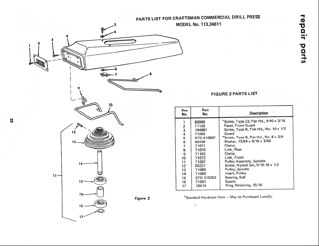 Sears 113.24611 manual Parts List for Craftsman Commercial Drill Press 