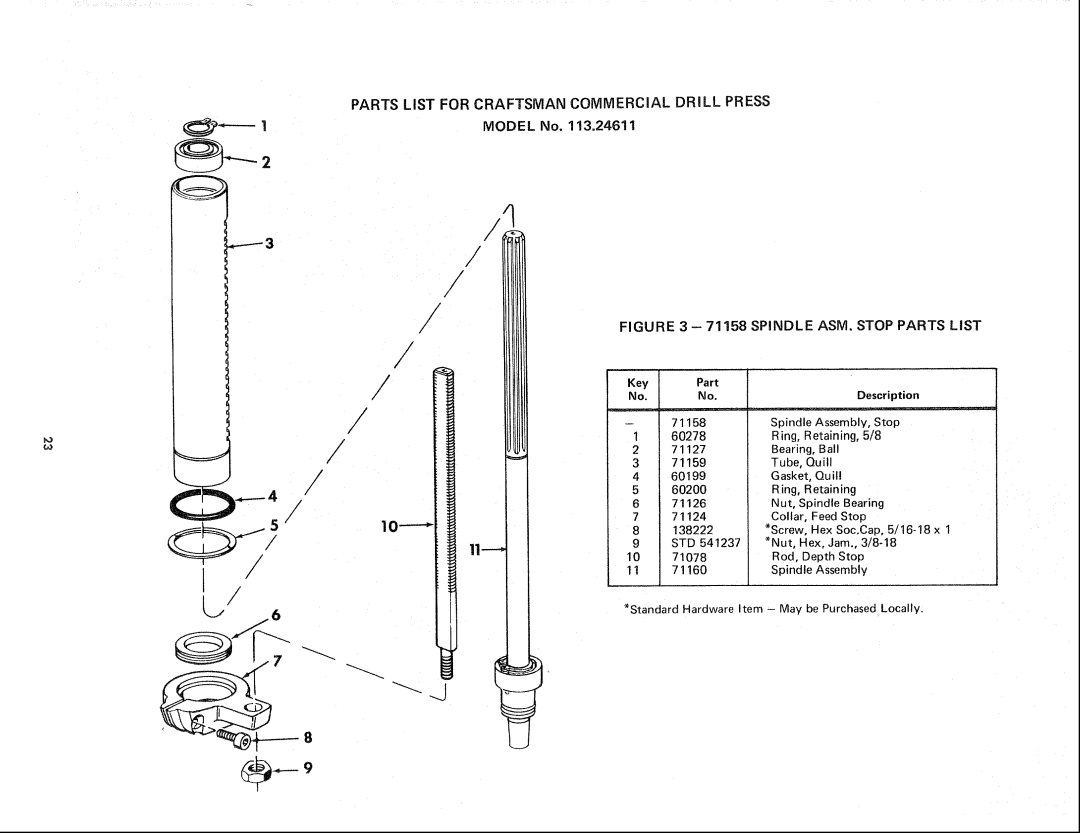 Sears 113.24611 Key Part, Ring, Retaining, 5/8, Ball, Tube, Quill, Gasket, Quill, Nut, Spindle Bearing, 71124, Feed Stop 