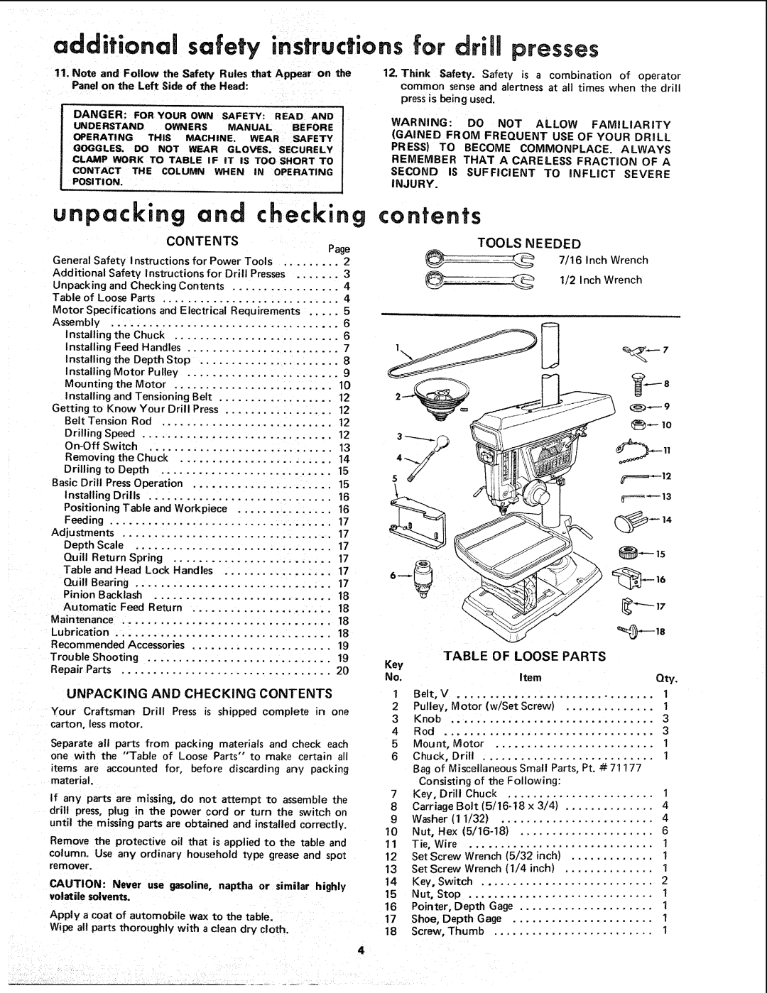 Sears 113.24611 manual Unpacking and checking, Additional safety instructions for drill presses, Contents 