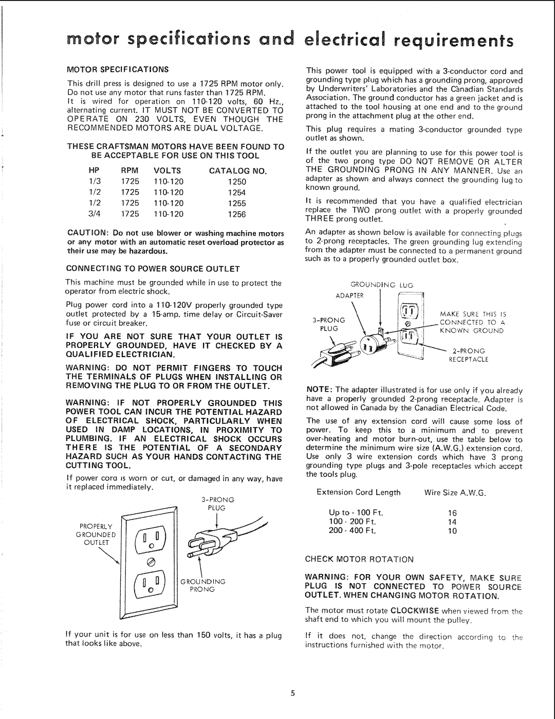 Sears 113.24611 Motor specifications, EJectricaJ requirements, RPM Volts Catalog, If YOU are not Sure That Your Outlet is 