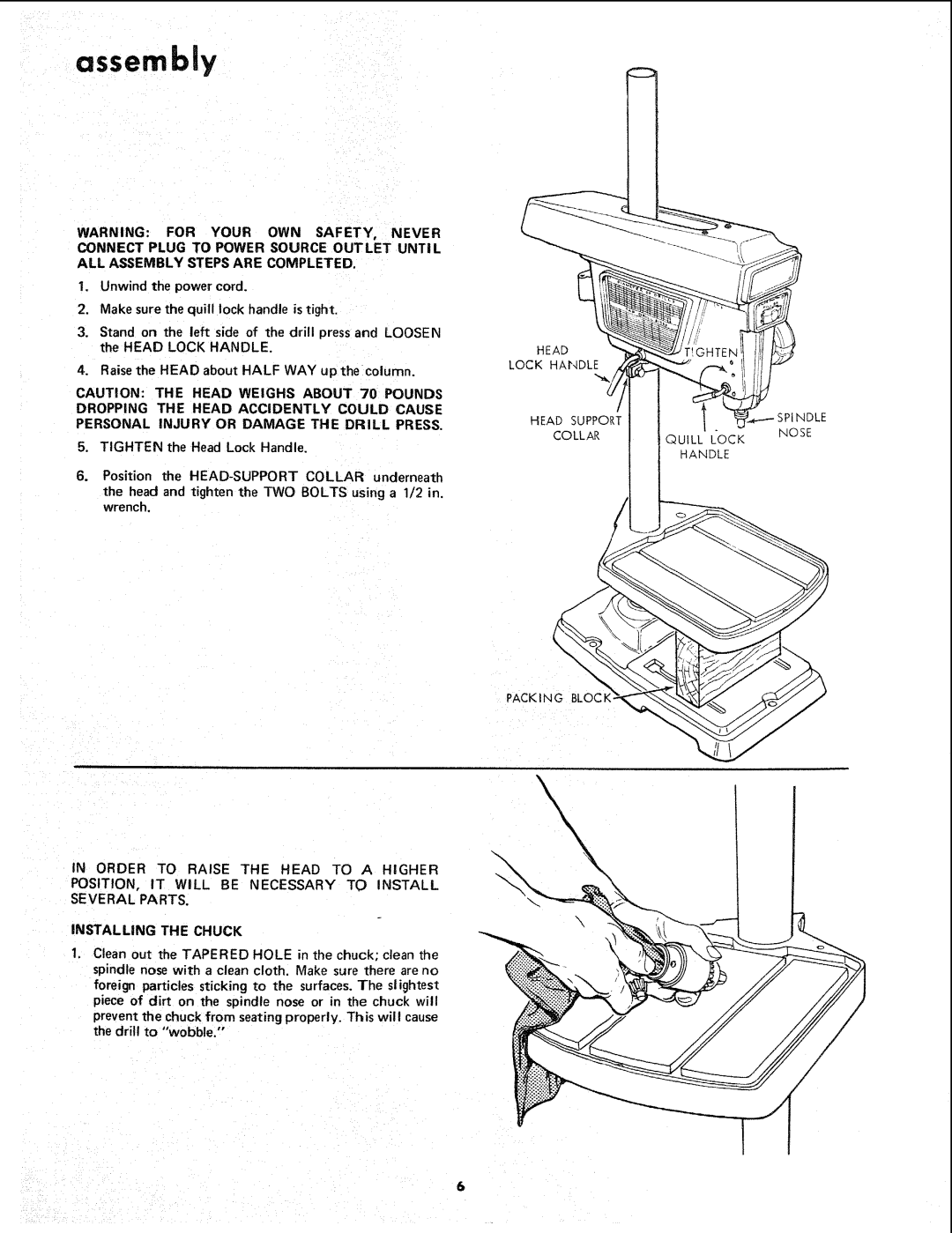 Sears 113.24611 manual Assembly, Installing the Chuck, Head Lock Haindle, Packing Block 