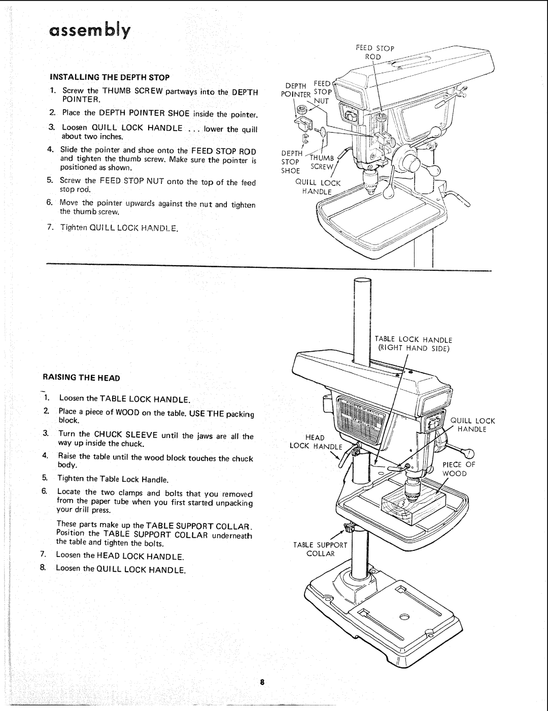 Sears 113.24611 Assembly, Installing the Depth Stop, Place the Depth Pointer Shoe inside the pointer, About two inches 