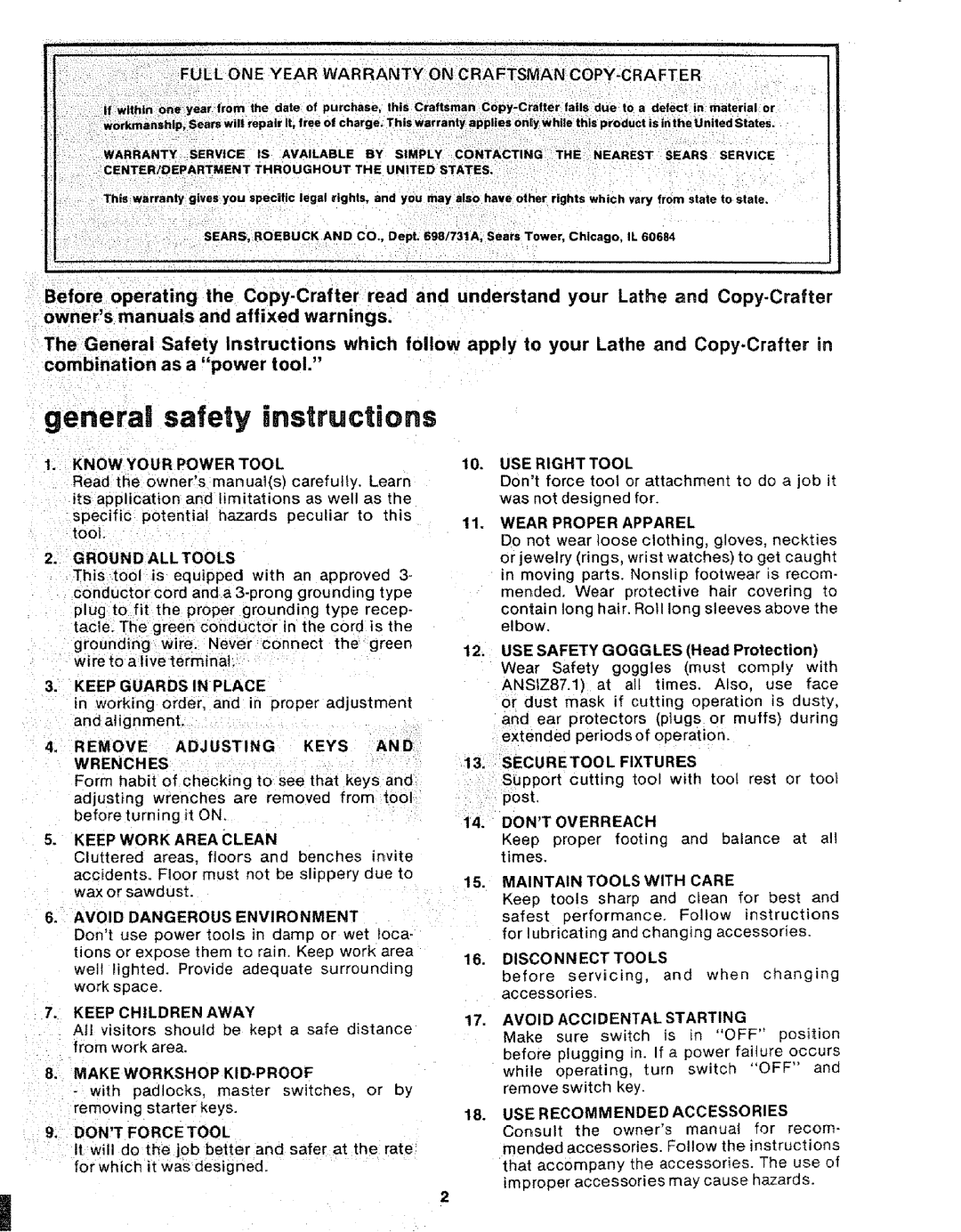 Sears 113.24907 Full ONE Year Warranty on Craftsman COPY-CRAFTER, Know Your Power Tool, Ground ALL Tools, Dont Forcetool 