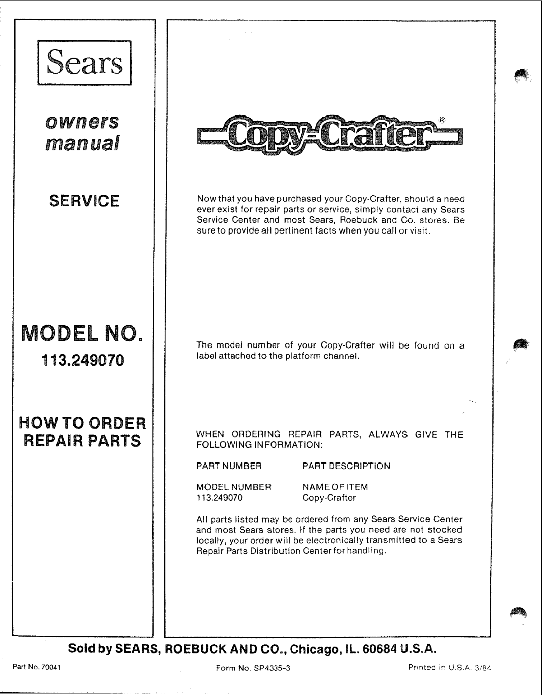 Sears 113.24907 manual El O 