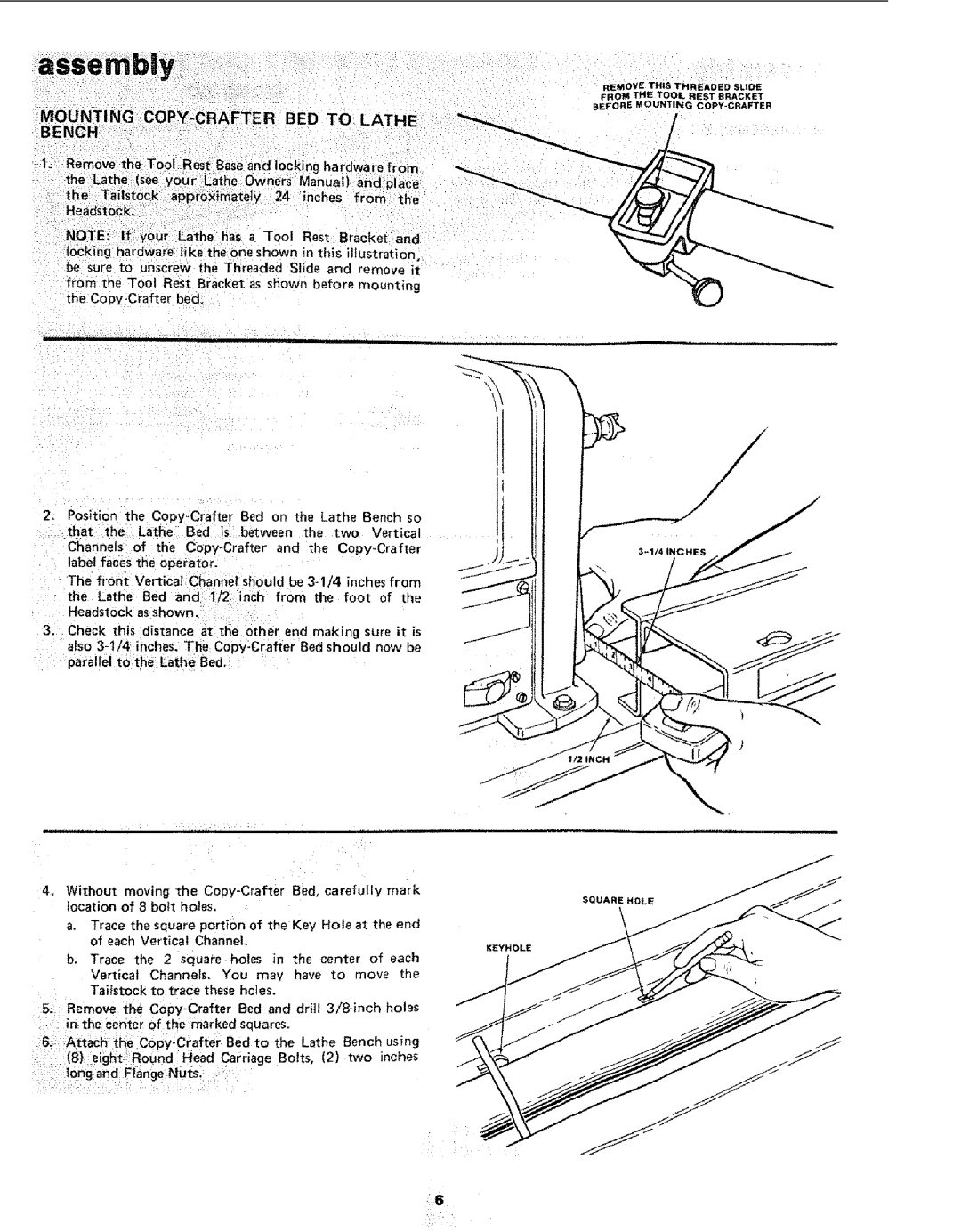 Sears 113.24907 manual Mounting COPY-CRAFTER BED to Lathe Bench, Appr0ximateiy Inches from 