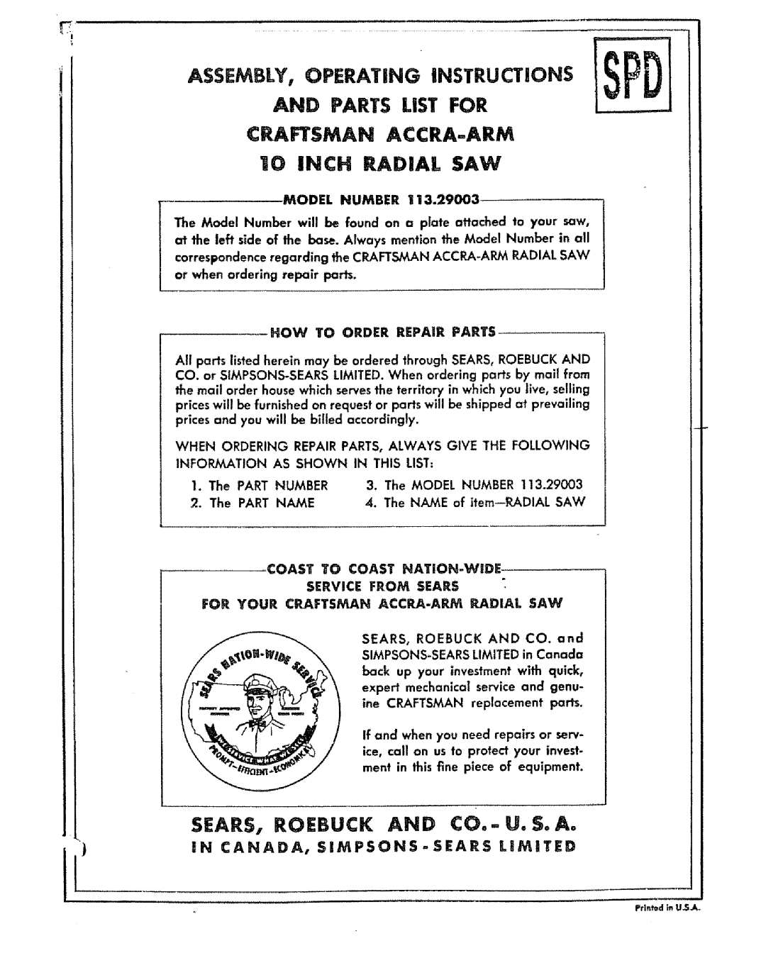 Sears 113.29003 operating instructions HOW to Order Repair Parts 