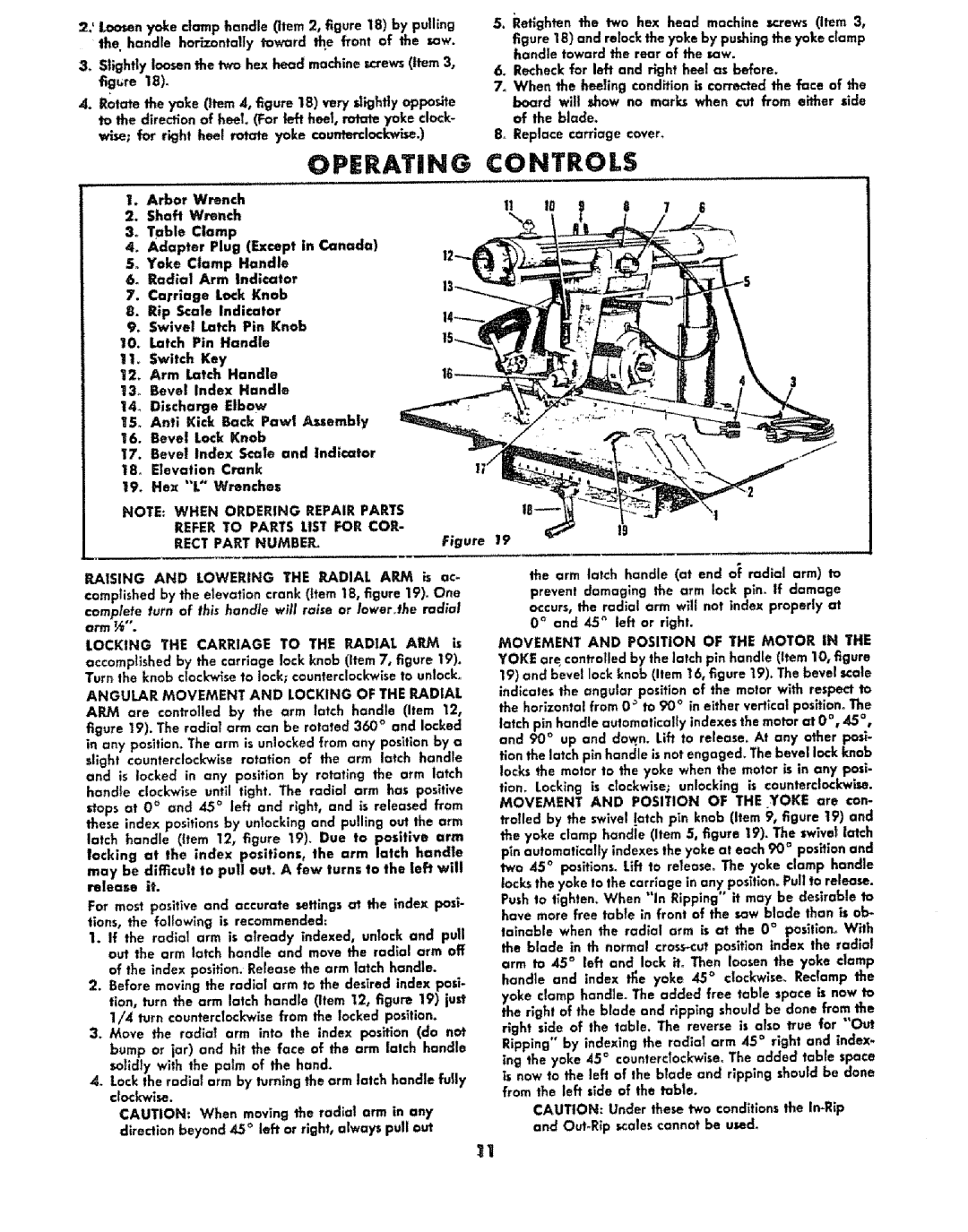 Sears 113.29003 operating instructions Operating Controls, Movement and Position of the Motor 