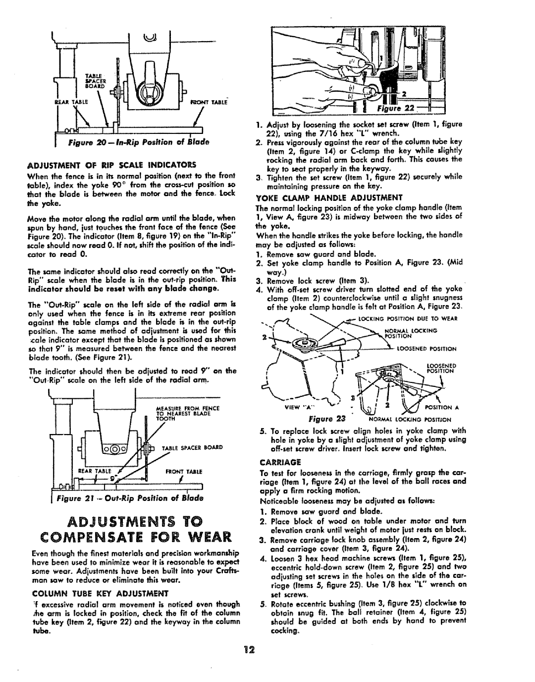 Sears 113.29003 operating instructions Column Tube KEY Adjustment, Yoke Clamp Handle Adjustment, Carriage 