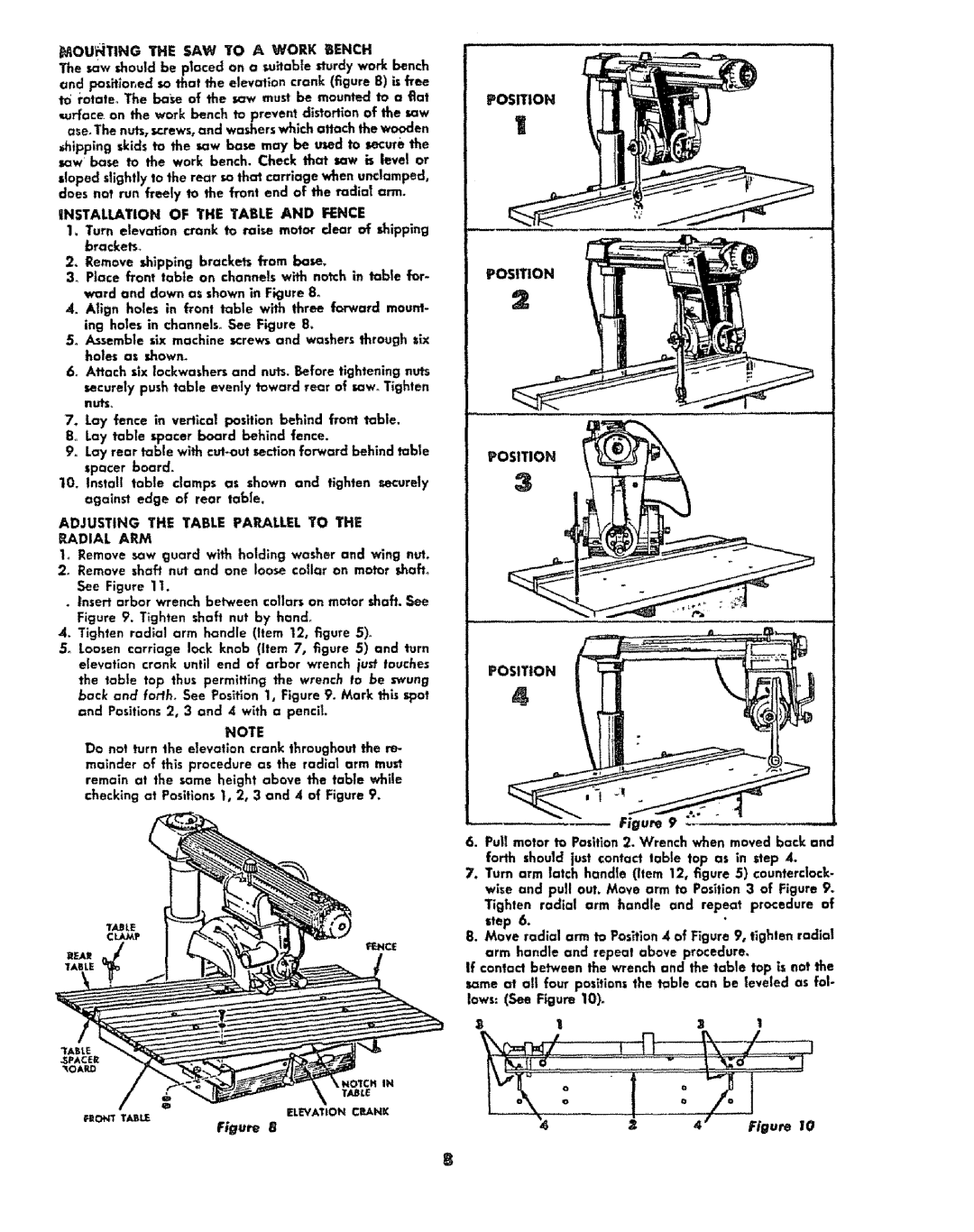 Sears 113.29003 operating instructions Lows See o, Adjusting the Table Parallel to Radial ARM, Position 