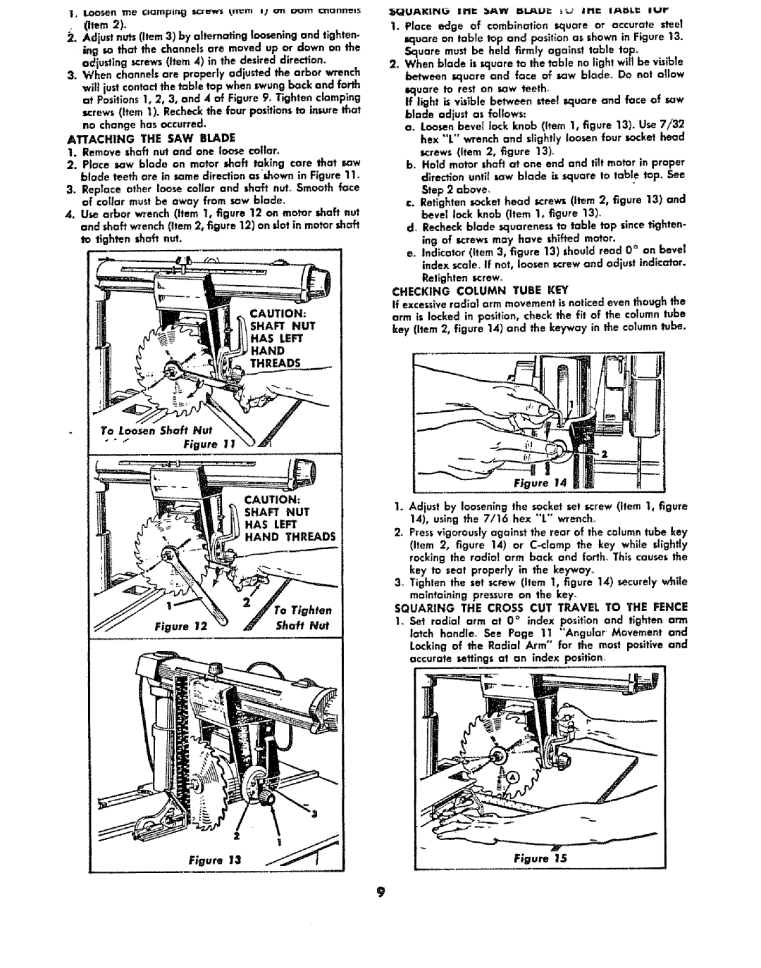 Sears 113.29003 Attaching the SAW Blade, Shaft NUT Has Left Hand Threads, Checking Column Tube KEY, Shaft Nut 