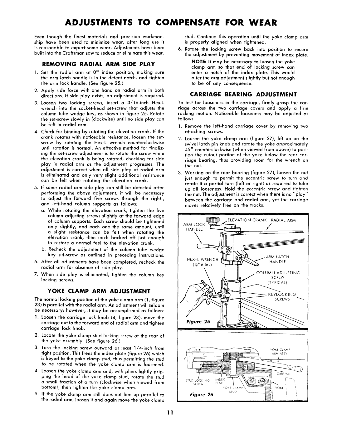 Sears 113.2945 owner manual Removing Radial ARM Side Play, Carriage Bearing Adjustment, Yoke Clamp ARM Adjustment 