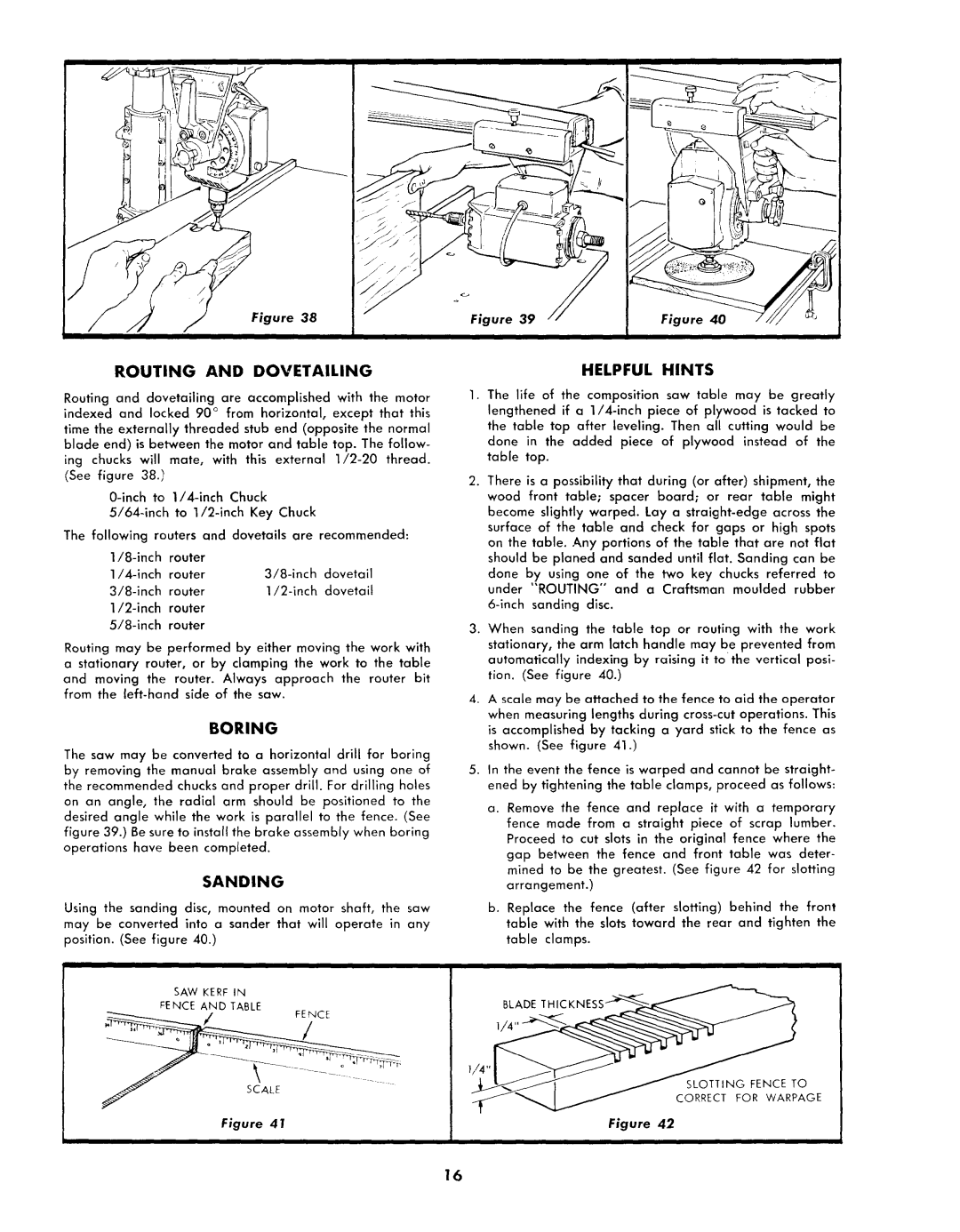 Sears 113.2945 owner manual Routing and Dovetailing, Boring, Sanding, Helpful Hints 