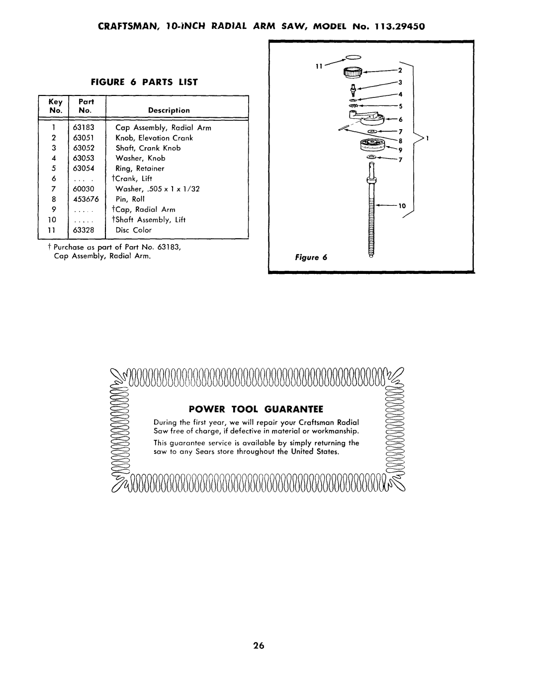 Sears 113.2945 owner manual CRAFTSMAN, 10-NCH Radial ARM SAW, Model No I3.29o,50, 63052 