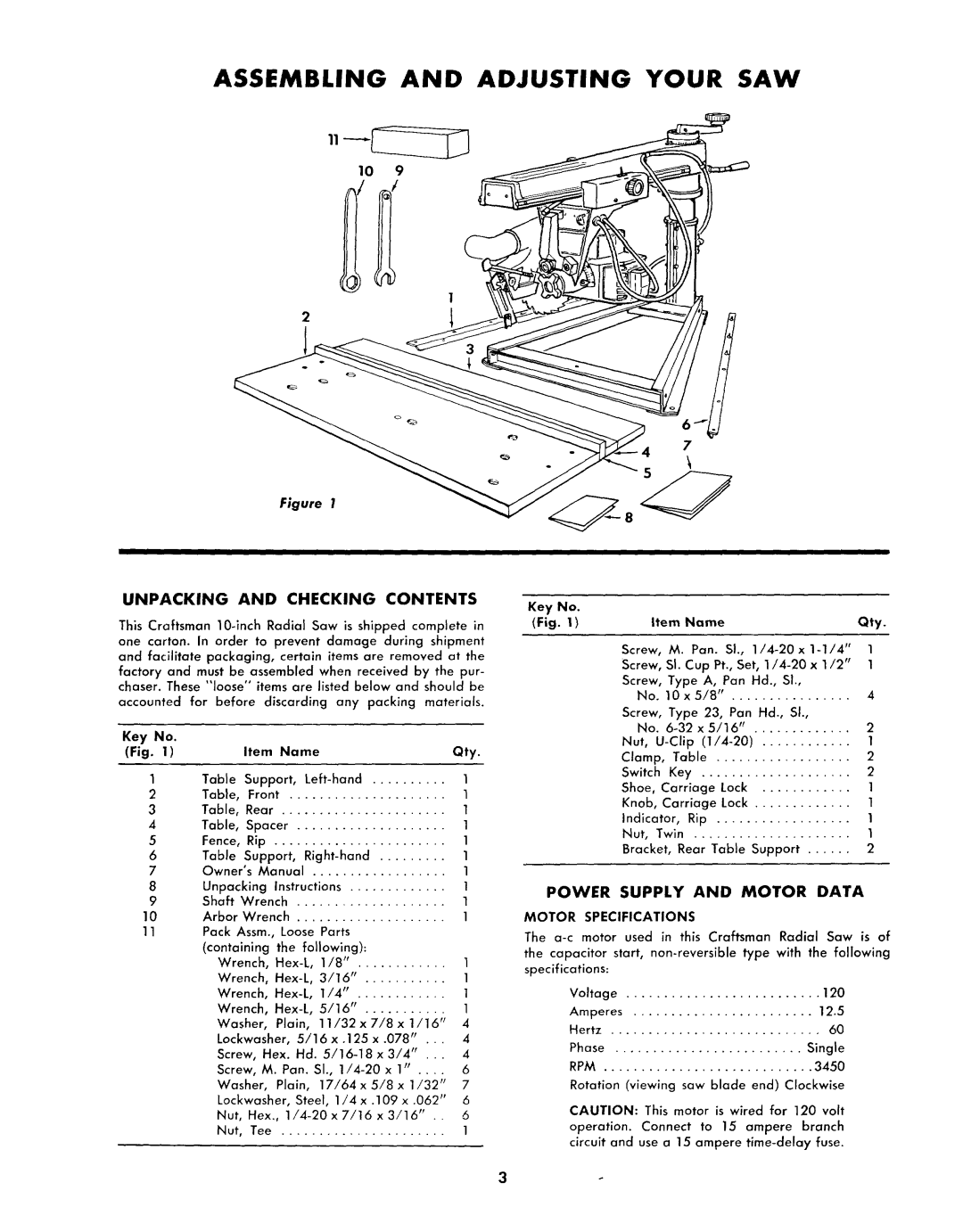 Sears 113.2945 owner manual Assembling and Adjusting Your SAW, Unpacking and Checking Contents 