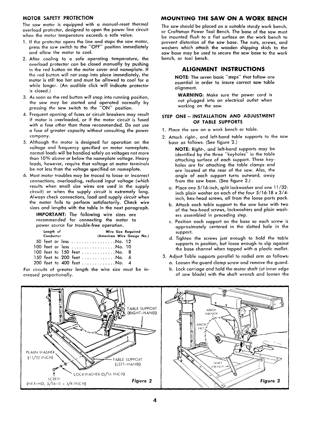 Sears 113.2945 Mounting the SAW on a Work Bench, Alignment Instructions, Motor Safety Protection, Feet Less 100 