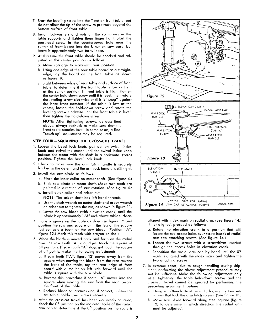 Sears 113.2945 owner manual Step FOUR--SQUARING the CROSS-CUT Travel, Mark this tooth with crayon or chalk 