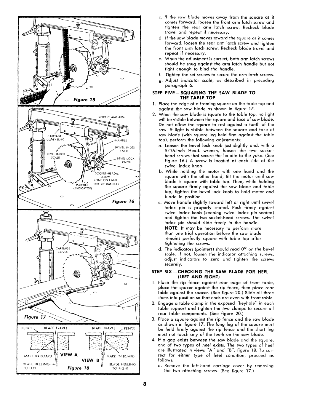 Sears 113.2945 Step FIVE--SQUARING the SAW Blade to Table TOP, Step SIX--CHECKING SAW Blade for Heel Left Right 