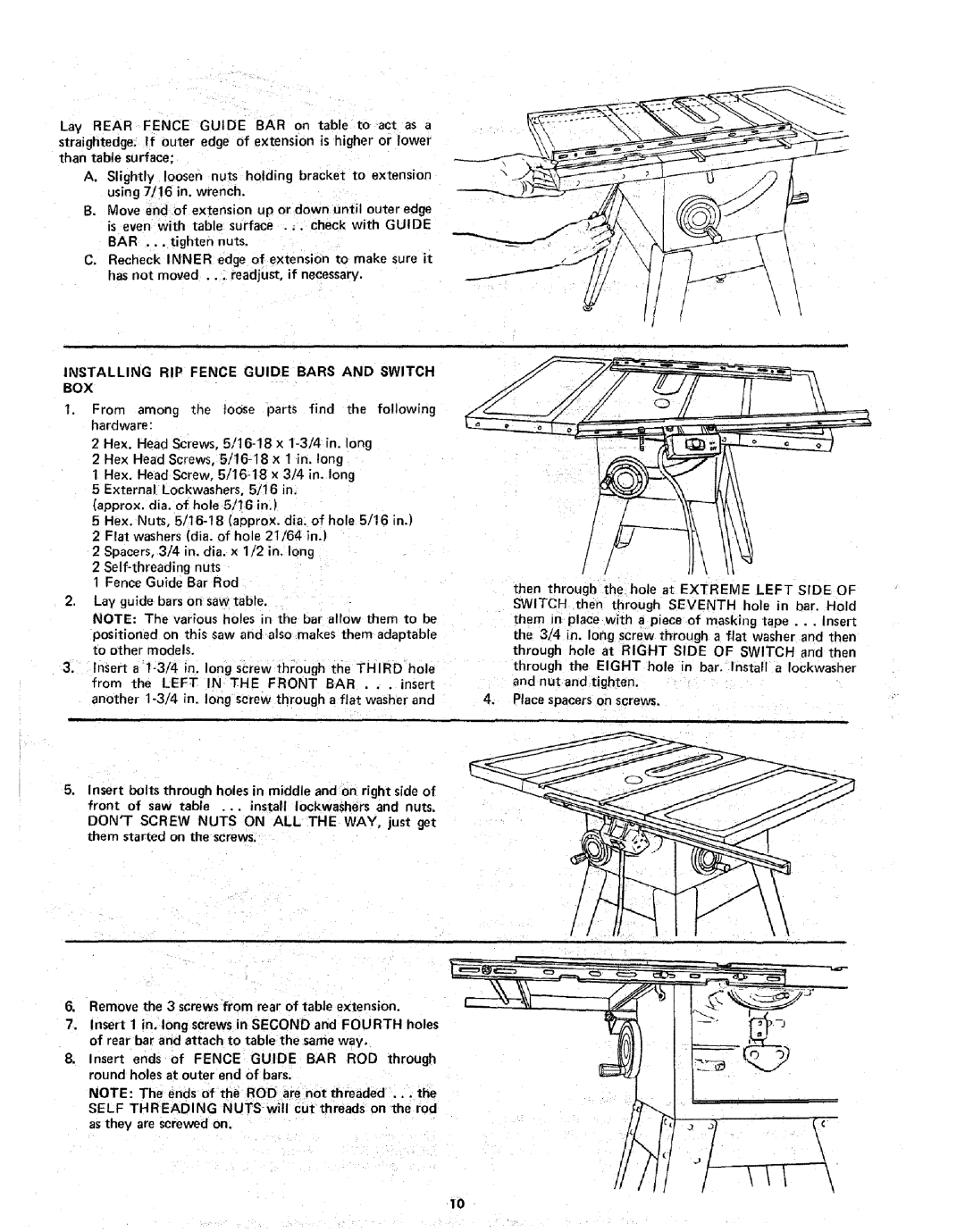 Sears 113.298141 owner manual Installing RIP Fence Guide Bars and Switch BOX 