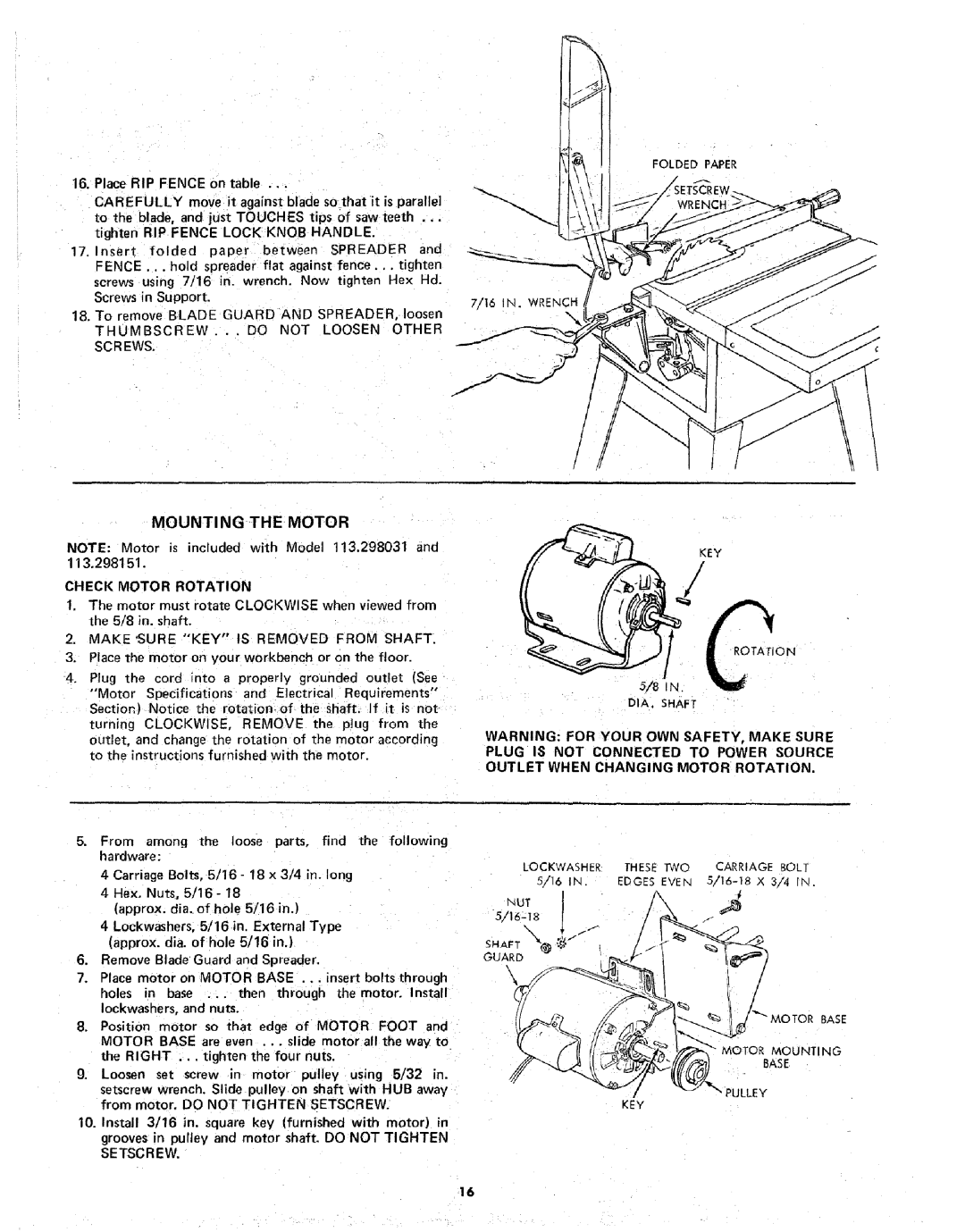 Sears 113.298141 owner manual Mounting the Motor, Outlet When Changing Motor Rotation, Check Motor Rotation 