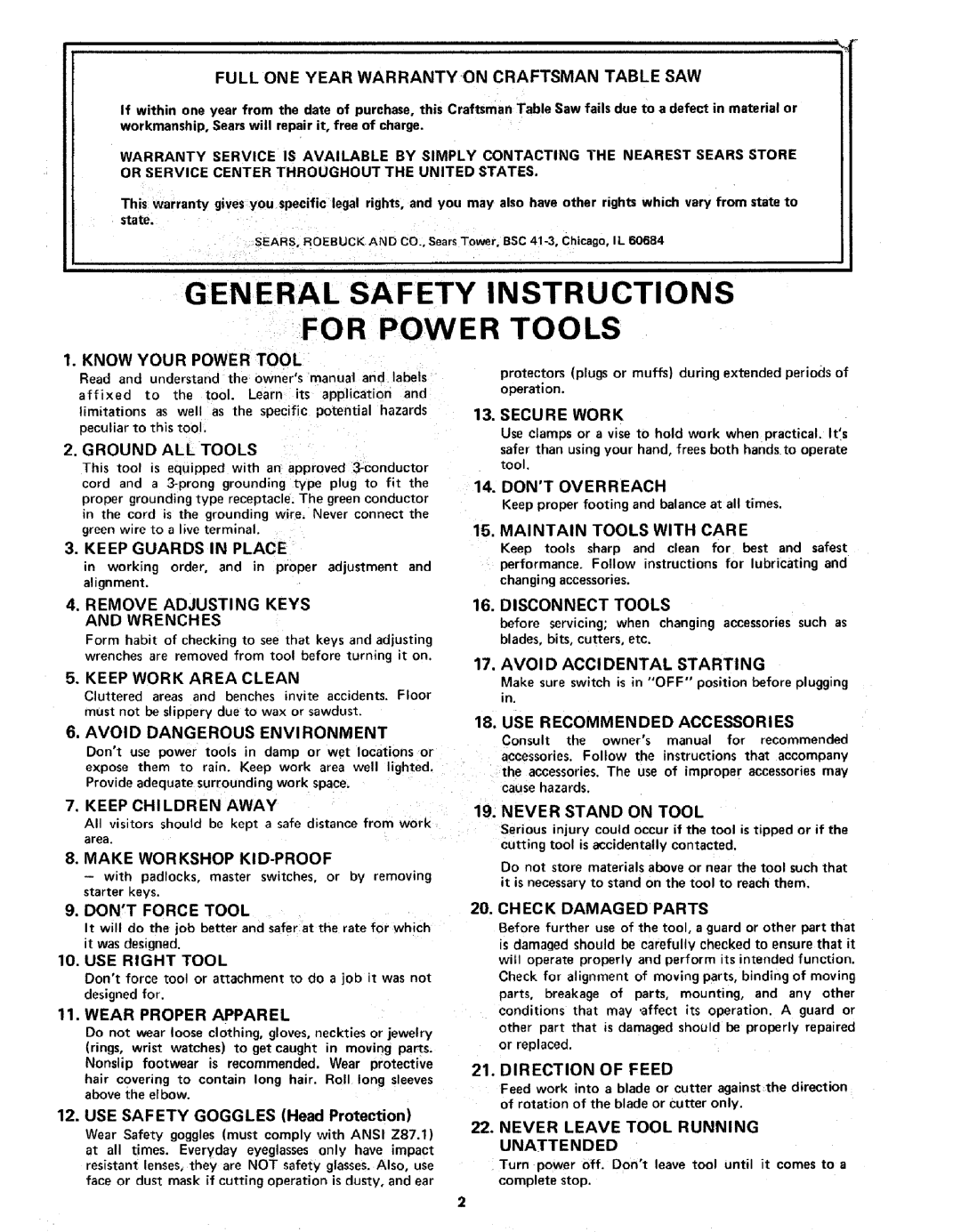 Sears 113.298141 owner manual General Safety Instructions For Power Tools 