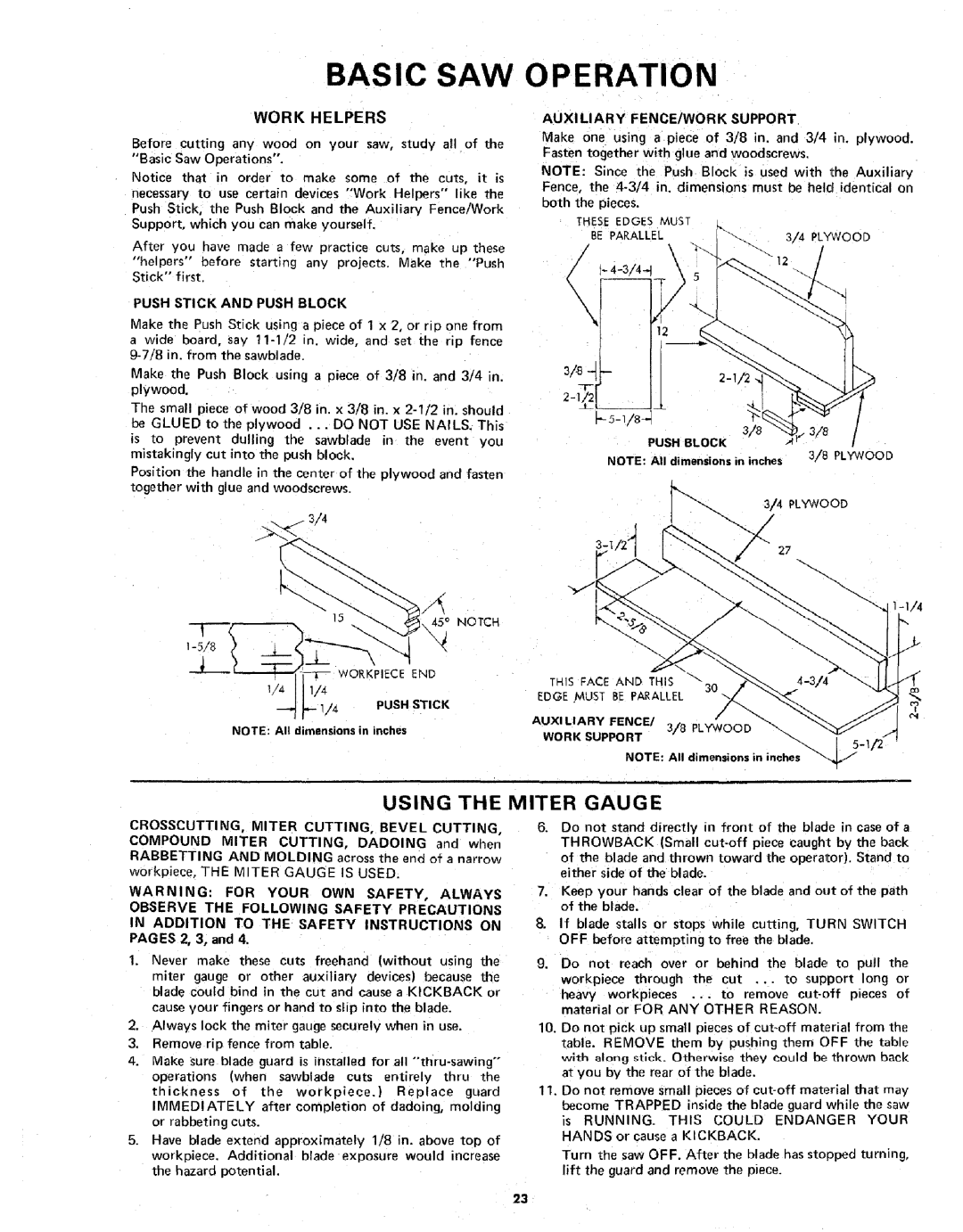 Sears 113.298141 owner manual Basic SAW, Operation, Work Helpers, Push Stick and Push Block 